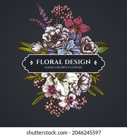 Floral bouquet dark design with anemone, lavender, rosemary everlasting, phalaenopsis, lily, iris