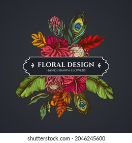 Floral bouquet dark design with banana palm leaves, hibiscus, solanum, bromeliad, peacock feathers, protea