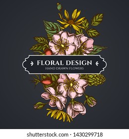 Floral bouquet dark design with dog rose, hop, jerusalem artichoke