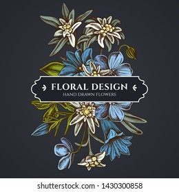 Floral bouquet dark design with edelweiss, meadow geranium, gentiana