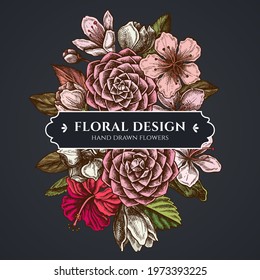 Floral bouquet dark design with hibiscus, plum flowers, peach flowers, sakura flowers, magnolia flowers, camellia japonica