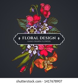 Floral bouquet dark design with impatiens, tigridia, aquilegia