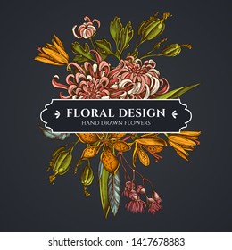 Floral bouquet dark design with japanese chrysanthemum, blackberry lily, eucalyptus flower