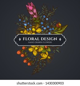 Floral bouquet dark design with juniper, hypericum, turmeric