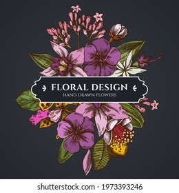 Floral bouquet dark design with laelia, feijoa flowers, glory bush, papilio torquatus, cinchona, cattleya aclandiae
