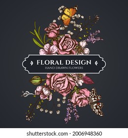 Floral bouquet dark design with shepherd s purse, heather, iris japonica, sakura, gypsophila, almond, lemon butterfly, plain tiger, roses