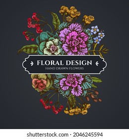 Floral bouquet dark design with wax flower, forget me not flower, tansy, ardisia, brassica, decorative cabbage