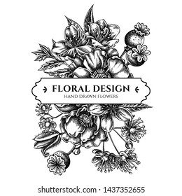Floral bouquet design with black and white almond, poppy flower, tilia cordata