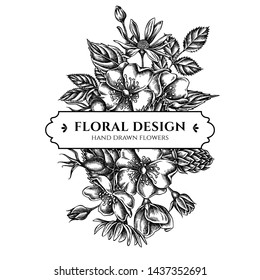 Floral bouquet design with black and white dog rose, hop, jerusalem artichoke