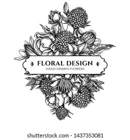 Floral bouquet design with black and white bellflower, globethistle, globeflower