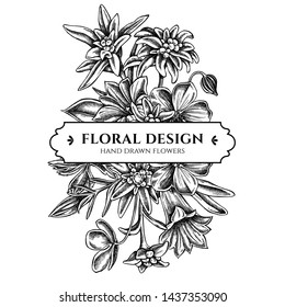 Floral bouquet design with black and white edelweiss, meadow geranium, gentiana