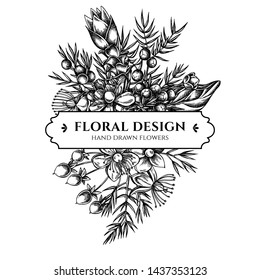 Floral bouquet design with black and white juniper, hypericum, turmeric