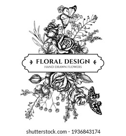 Floral bouquet design with black and white shepherd s purse, heather, iris japonica, sakura, gypsophila, almond, lemon butterfly, plain tiger, roses