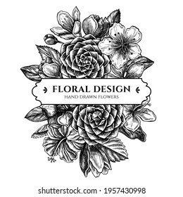 Floral bouquet design with black and white hibiscus, plum flowers, peach flowers, sakura flowers, magnolia flowers, camellia japonica