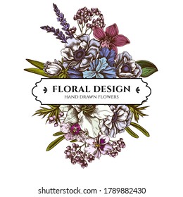 Floral bouquet design with colored anemone, lavender, rosemary everlasting, phalaenopsis, lily, iris