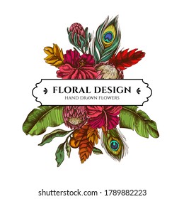 Floral bouquet design with colored banana palm leaves, hibiscus, solanum, bromeliad, peacock feathers, protea