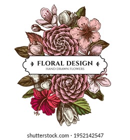 Floral bouquet design with colored hibiscus, plum flowers, peach flowers, sakura flowers, magnolia flowers, camellia japonica