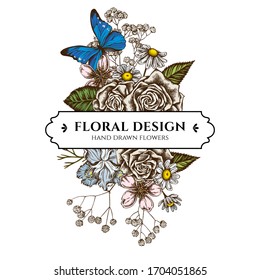 Floral bouquet design with colored iris japonica, gypsophila, chamomile, almond, blue morpho, roses