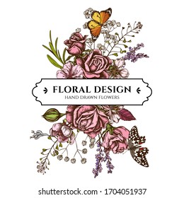 Floral bouquet design with colored shepherd's purse, heather, iris japonica, sakura, gypsophila, almond, lemon butterfly, plain tiger, roses