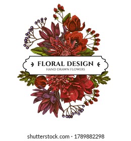 Floral bouquet design with colored viburnum, hypericum, tulip, aster, leucadendron, amaryllis