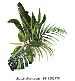 Floral bouquet design: exotic tropical leaves. Wedding element for invite card. Designer element set. White background.