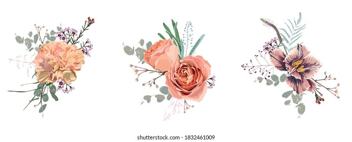 Floral bouquet design: garden  creamy powder pale Rose wax, tulips and carnation flower, Eucalyptus branch greenery leaves. Wedding invite card  designer element set.