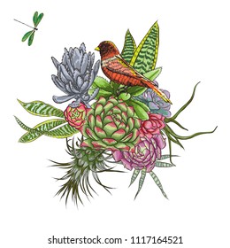 Floral bouquet design, garden pink red rose flower, branch green fern, exotic palm leaves, succulent, cactus. Watercolor imitation. Flowers made of real plants, completely unique. Vector.