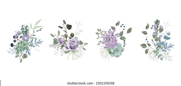 Floral bouquet design: garden violet flower, Eucalyptus branch greenery leaves berry. Wedding invite card. Designer element set. White background.