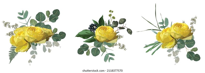 Floral bouquet design: garden  yellow Rose wax flower, Eucalyptus branch greenery leaves. Wedding invite card Watercolor designer element set.
