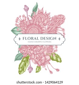 Floral bouquet design with pastel african daisies, fuchsia, king protea