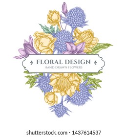 Floral bouquet design with pastel bellflower, globethistle, globeflower