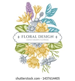 Floral bouquet design with pastel celandine, chamomile, peppermint