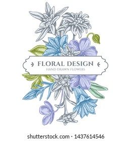 Floral bouquet design with pastel edelweiss, meadow geranium, gentiana