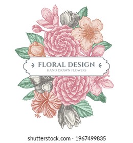 Floral bouquet design with pastel hibiscus, plum flowers, peach flowers, sakura flowers, magnolia flowers, camellia japonica