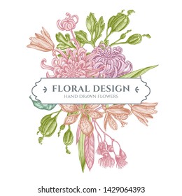 Floral bouquet design with pastel japanese chrysanthemum, blackberry lily, eucalyptus flower