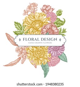 Floral bouquet design with pastel poppy flower, gerbera, sunflower, milkweed, dahlia, veronica