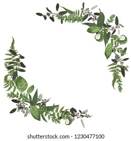 Floral bouquet design set, green forest leaf, fern, branches boxwood, buxus, eucalyptus. Watercolor style, herbs. Wedding for invite card Isolated design elements. Vector illustration
