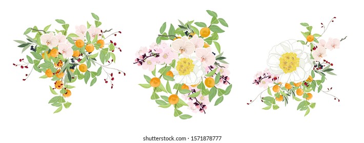 Floral bouquet design vector with Rose and flower, anemone Eucalyptus branch greenery leaves. Wedding vector invite card designer element collection.