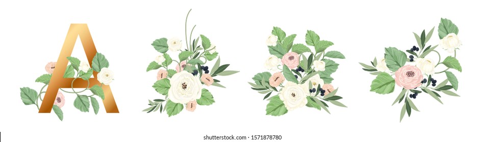 Floral bouquet design vector with Rose and flower, anemone Eucalyptus branch greenery leaves. Wedding vector invite card designer element collection.