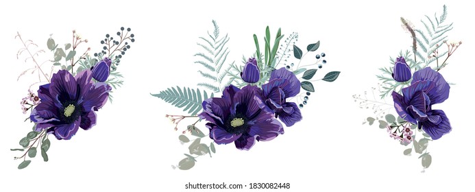 Floral bouquet design: violet anemones flower, Eucalyptus branch greenery leaves. Wedding invite card designer element set.