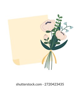 Ramo floral con nota adhesiva vacía y cinta. Ilustración vectorial plana del estilo de la historieta aislada en el fondo blanco