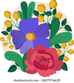 Floral bouquet featuring two large stylized flowers with surrounding yellow buds and lush green leaves. Cartoon style with vivid colors and clean outlines. Beige circular background. Ideal for