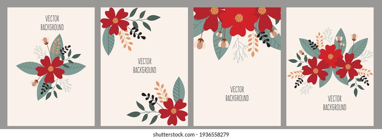 Floral bouquet of flat flowers. Botanical illustration in flat cartoon style. Design for banner, print and card. Vector set