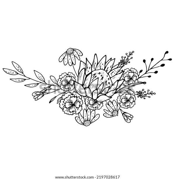 Floral bouquet. Flower engraving retro greeting\
card design
