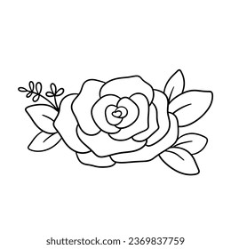 Floral bouquet with flower rose and leaves in outline style. Vector line art. Elegant rose isolated on white background