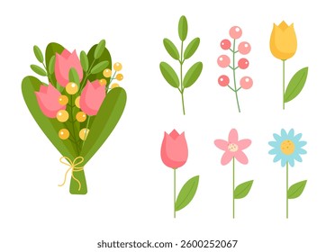 Floral bouquet and flowers set. Botanical elements collection. Vector illustration isolated.