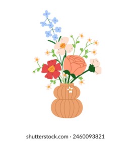 Floral bouquet, flowers in vase. Gorgeous garden rose and wildflowers bunch. Delicate blossoms arrangement. Romantic natural summer decoration. Flat vector illustration isolated on white background