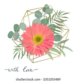 Floral bouquet with gerbera, greenery and eucalyptus. For wedding, Valentine's day, Birthday. Vector illustration