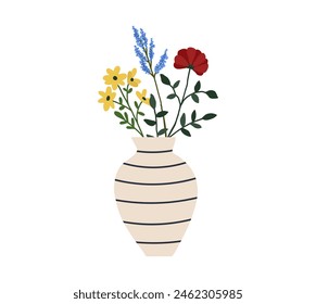 Blumenstrauß Glasvase. Wildblumenstrauß im modernen Topf. Frühling Sommer Garten Blumenvase. Nette Blumentopf Wiese Home Decor. Vektorillustration im flachen Cartoon-Stil