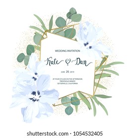 Floral bouquet with  greenery, hibiscus and eucalyptus branch. For wedding, Valentine's day, Birthday. Vector illustration. Watercolor style